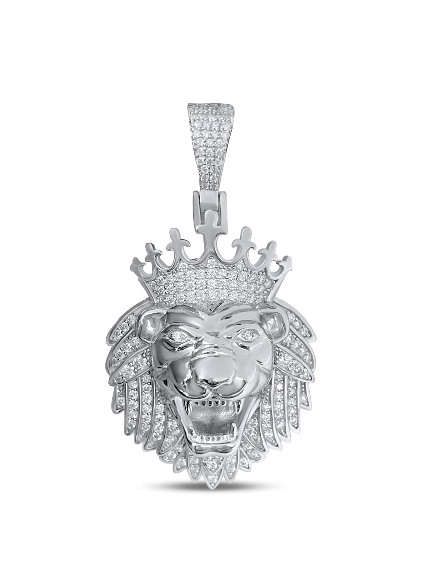 925 Sterling Silver and Moissanite Crown Lion Pendant