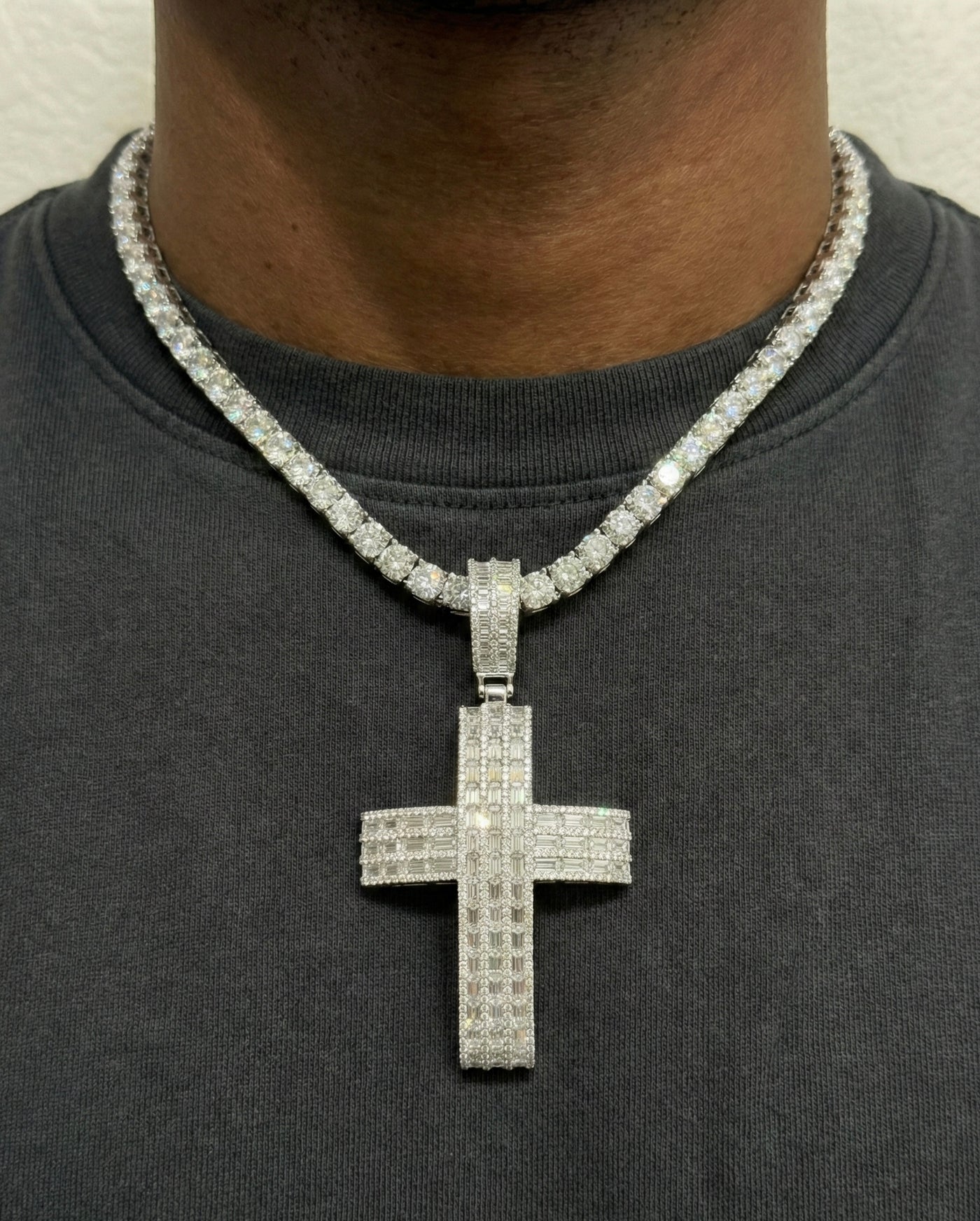 Channel Set Baguette Cross Moissanite Pendant