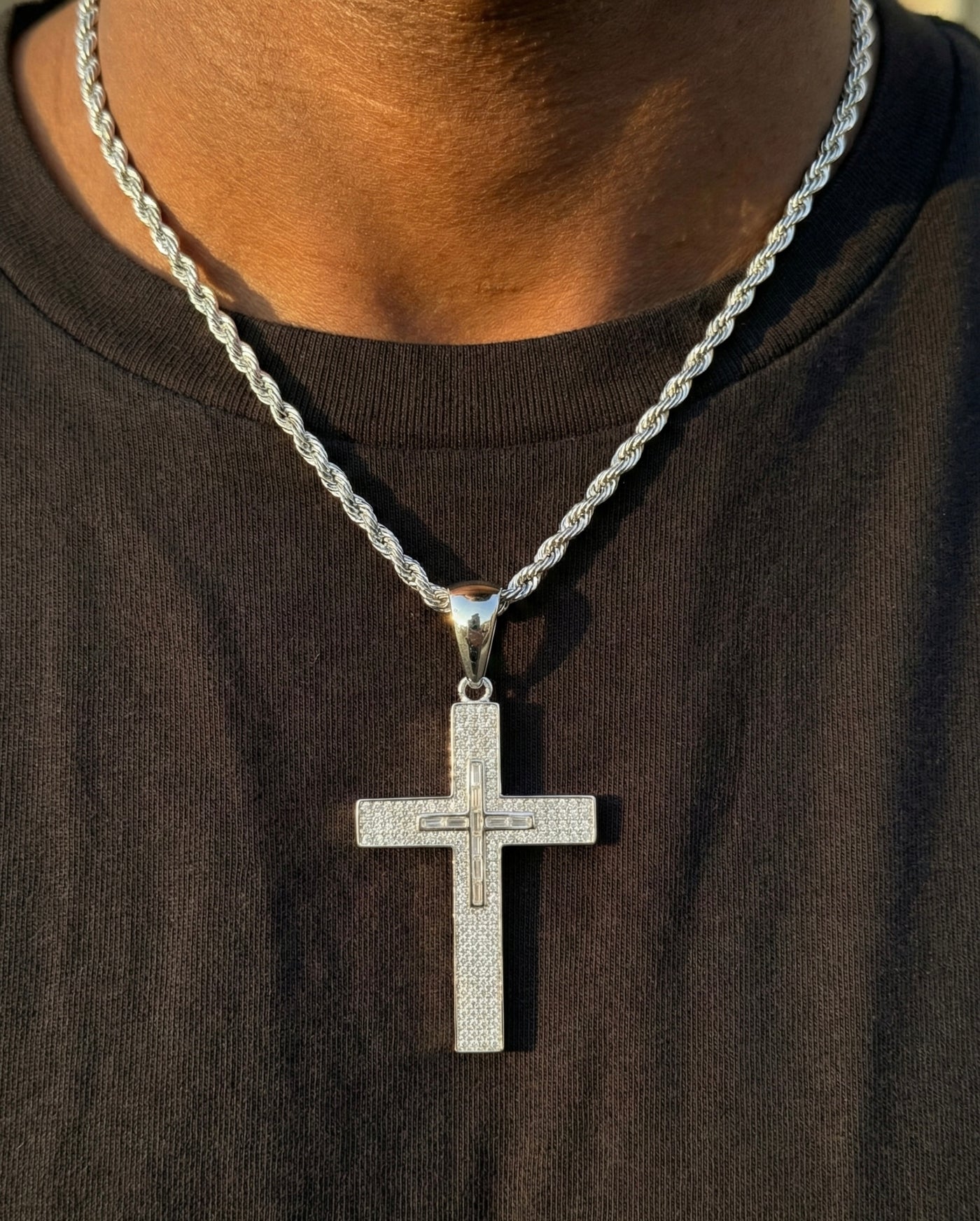 Iced Out Cross Moissanite Pendant with Baguette