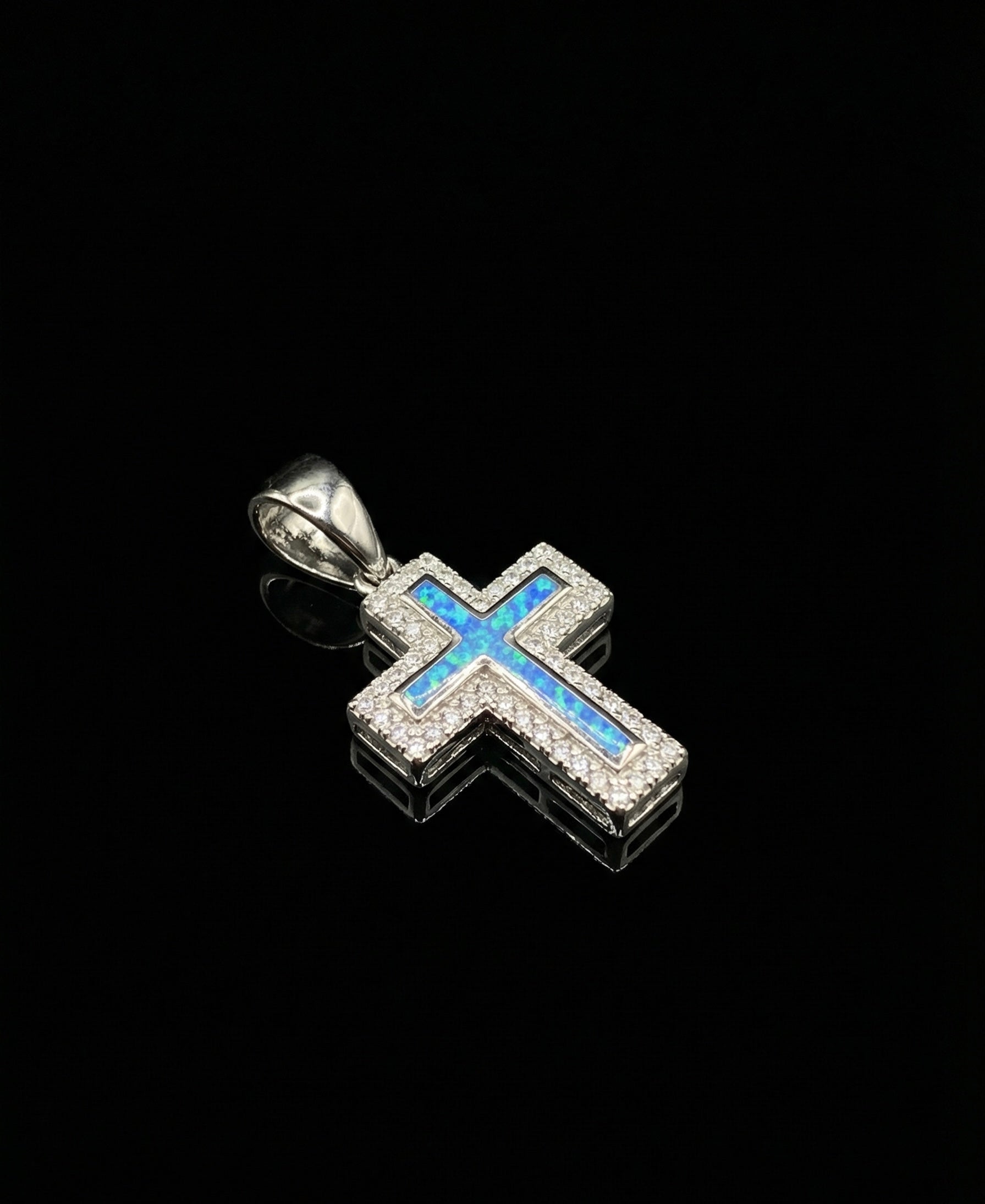 Blue Opal Inlay Cross Moissanite Pendant