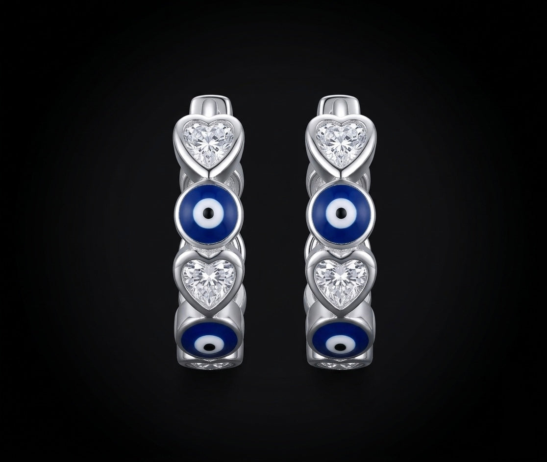 Moissanite Evil Eye & Heart Huggie Hoop Earrings