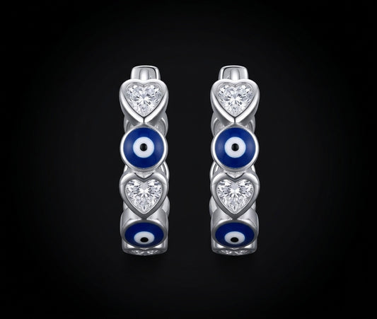 Moissanite Evil Eye & Heart Huggie Hoop Earrings