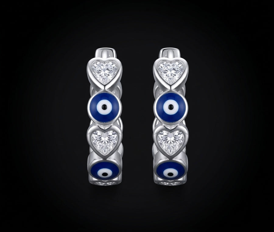 Moissanite Evil Eye & Heart Huggie Hoop Earrings