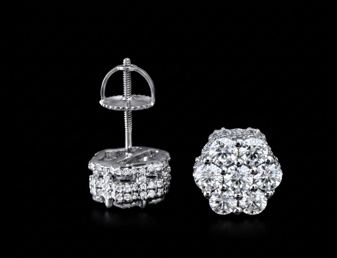 9MM 3D Iced Out Flower Cluster Moissanite Earrings