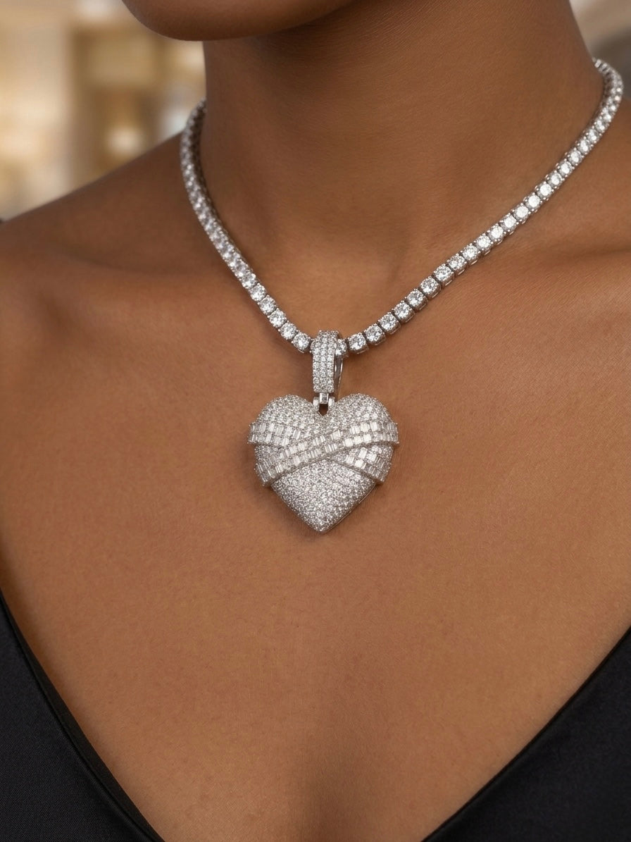 Iced out Pave and Baguette Moissanite Wrapped Heart Pendant