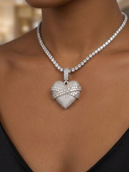 Iced out Pave and Baguette Moissanite Wrapped Heart Pendant