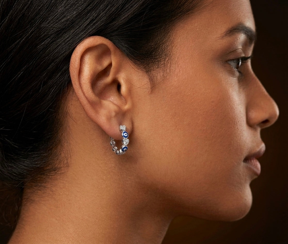 Moissanite Evil Eye & Heart Huggie Hoop Earrings