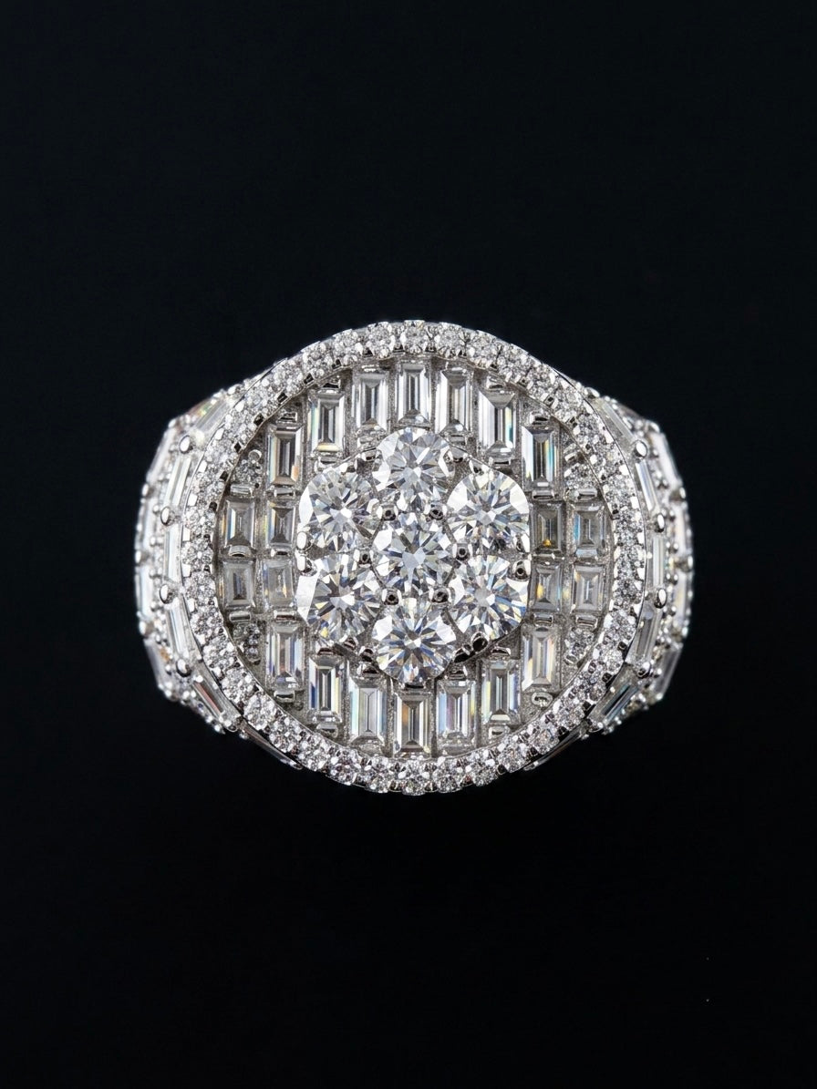 Iced Out Baguette & Round Moissanite Cluster Ring
