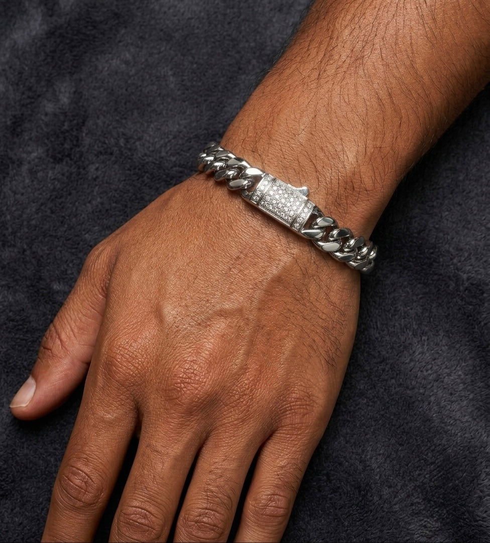 Moissanite Clasp 10MM Miami Cuban Bracelet In 18K White Gold