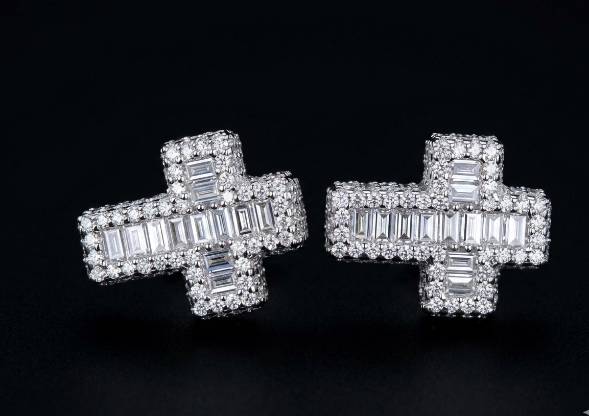Iced Out Baguette Moissanite Cross Earrings
