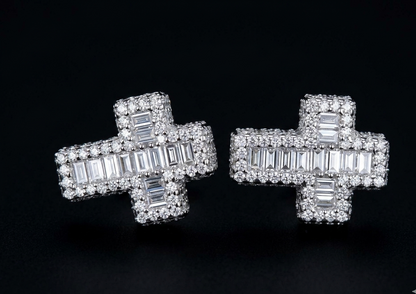 Iced Out Baguette Moissanite Cross Earrings