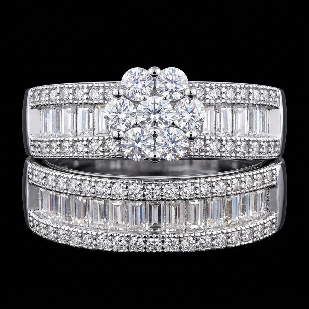 Channel Set Baguettes Cluster Halo Moissanite Ring