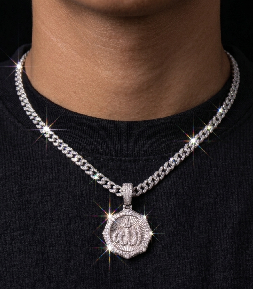 Iced Out Moissanite Round Octagon Allah Pendant