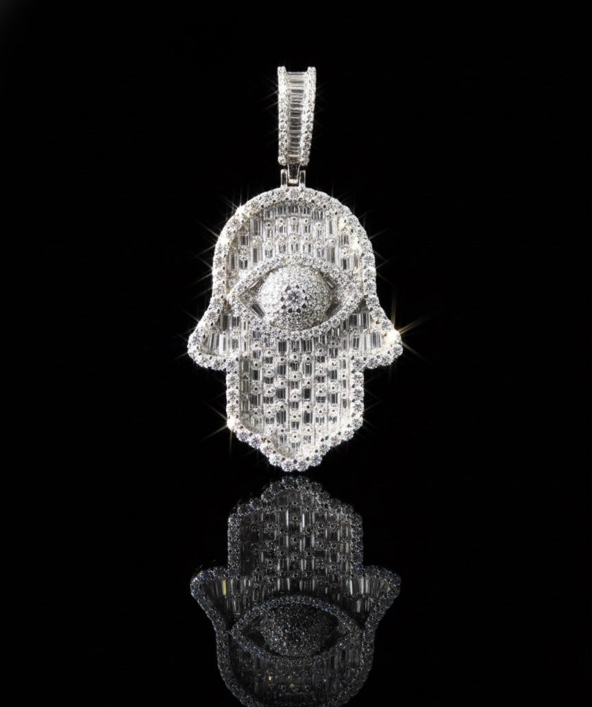 Moissanite Emerald Cut Hamsa/Fatima Hand Pendant