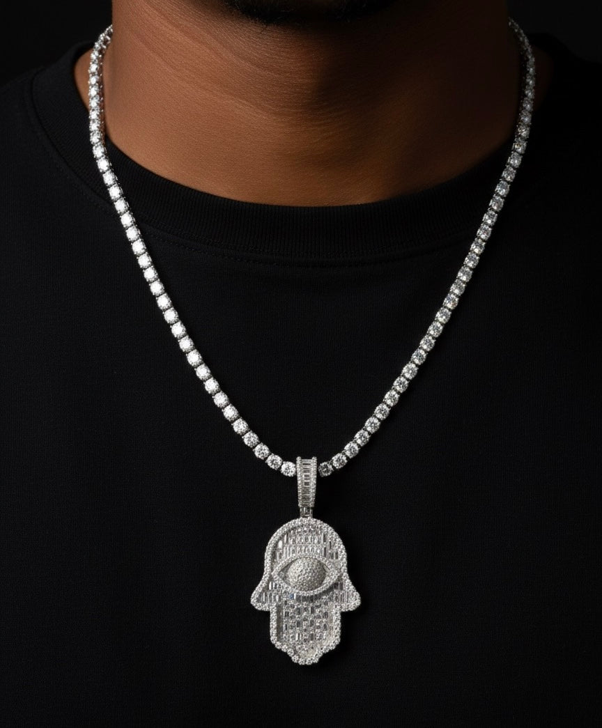 Moissanite Emerald Cut Hamsa/Fatima Hand Pendant