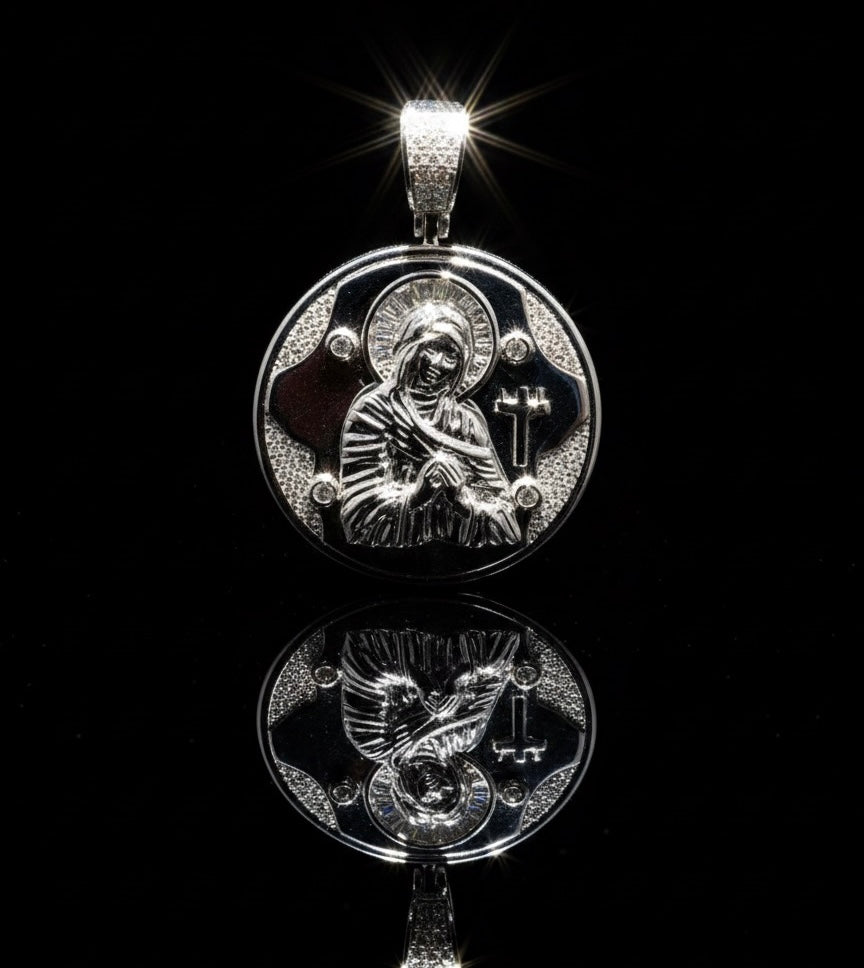 Moissanite Virgin Mary Circle Medallion Pendant