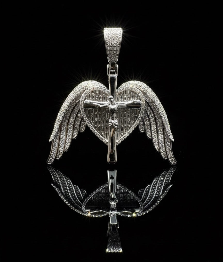 Moissanite Heart And Wing Cross Pendant