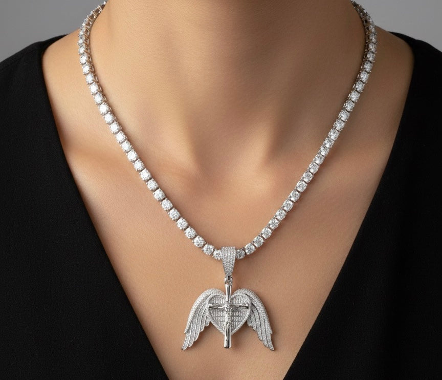 Moissanite Heart And Wing Cross Pendant