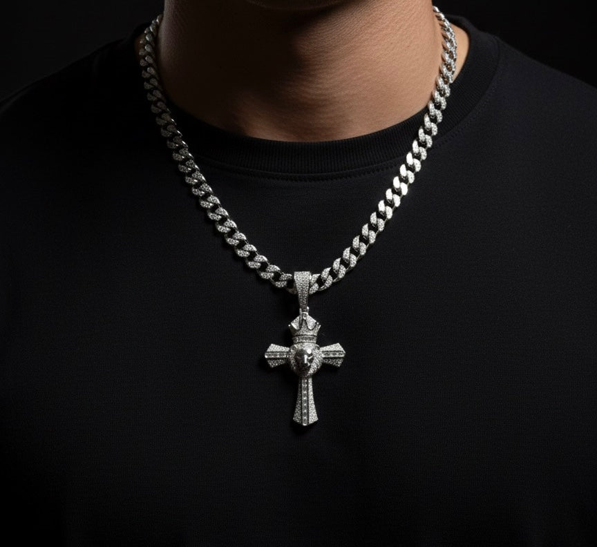 King Lion Cross Moissanite Pendant