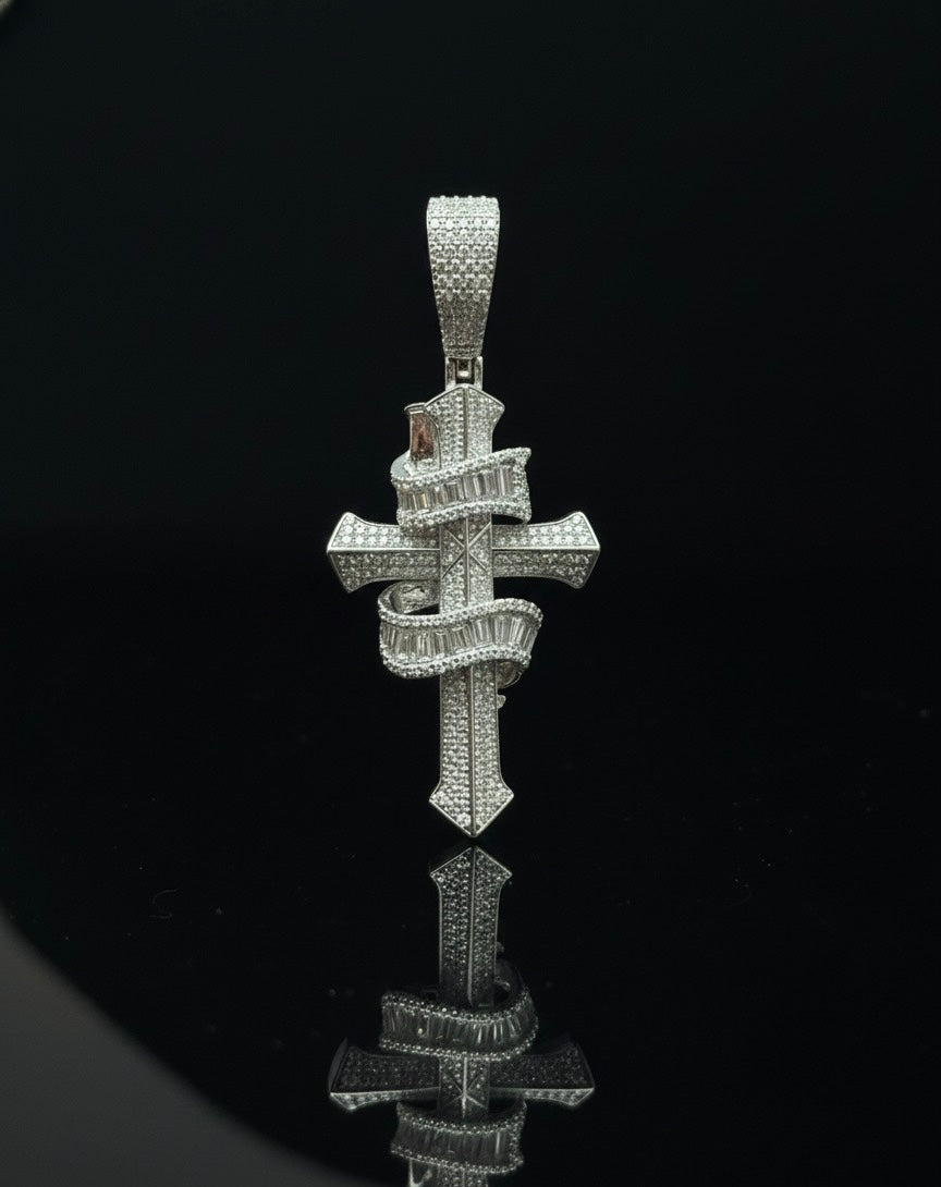 Swirl Moissanite Baguette Cross Pendant