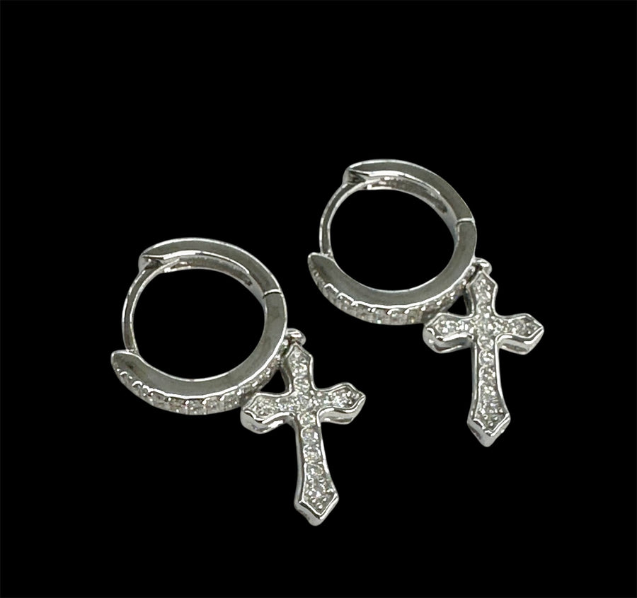 Moissanite in 18K White Gold Over sterling silver Cross Hoop Earrings.