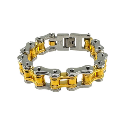 Bike Link Bracelet in 18k Yellow and White Gold Over Stainless Steel 16MM