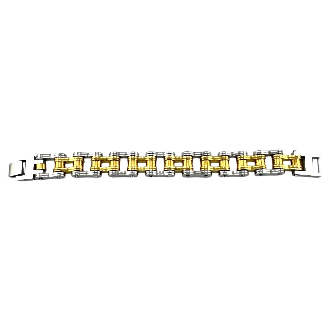 Bike Link Bracelet in 18k Yellow and White Gold Over Stainless Steel 16MM