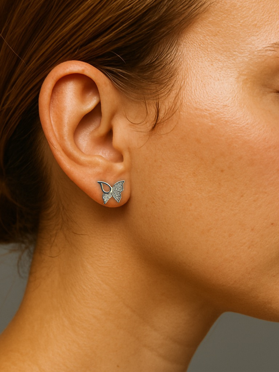 Moissanite in 18K white gold over sterling silver open wings butterfly earrings