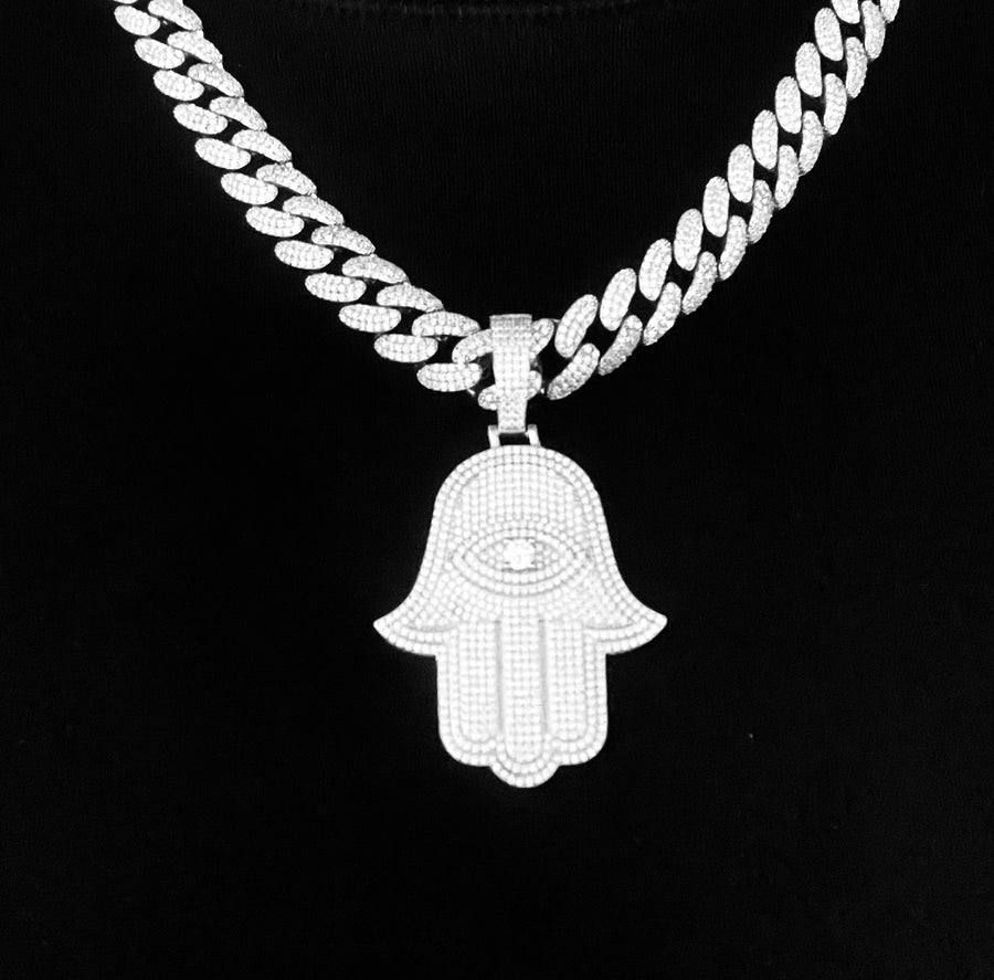 925 Sterling Silver and Moissanite Hamsa Hand Pendant