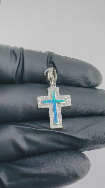 Blue Opal Inlay Cross Moissanite Pendant