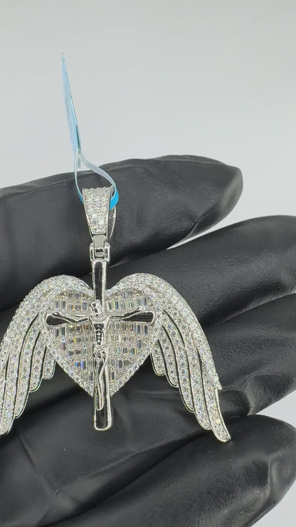 Moissanite Heart And Wing Cross Pendant