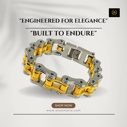 Bike Link Bracelet in 18k Yellow and White Gold Over Stainless Steel 16MM